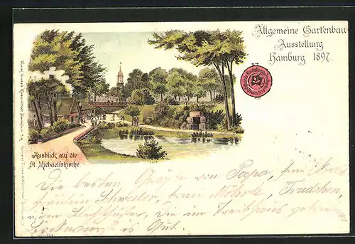 Lithographie Hamburg, Allgemeine Gartenbau-Ausstellung 1897, Ausblick auf die St. Michaeliskirche