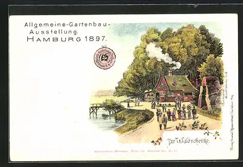 Lithographie Hamburg, Allgemeine-Gartenbau-Ausstellung 1897, Gasthaus Zur Waldschenke