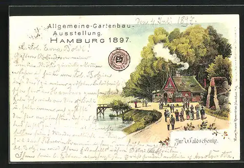 Lithographie Hamburg, Allgemeine-Gartenbau-Ausstellung 1897, Gasthaus Zur Waldschenke