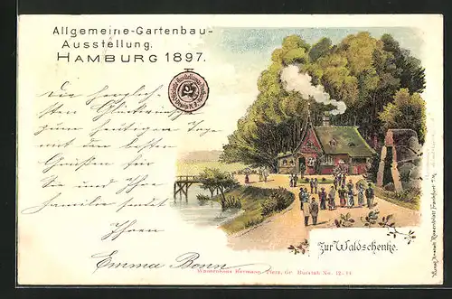 Lithographie Hamburg, Allgemeine-Gartenbau-Ausstellung 1897, Gasthaus Zur Waldschenke