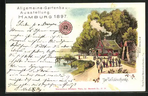 Lithographie Hamburg, Allgemeine-Gartenbau-Ausstellung 1897, Gasthaus Zur Waldschenke