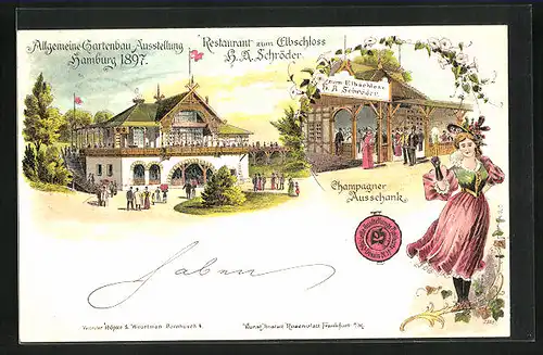 Lithographie Hamburg, Allgemeine Gartenbau-Ausstellung 1897, Restaurant zum Elbschloss, Champagner Ausschank