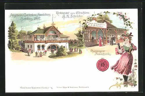 Lithographie Hamburg, Allgemeine Gartenbau-Ausstellung 1897, Restaurant zum Elbschloss, Champagner Ausschank