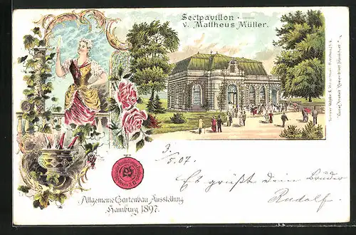 Lithographie Hamburg, Allgemeine Gartenbau-Ausstellung 1897, Sectpavillon v. Mattheus Müller