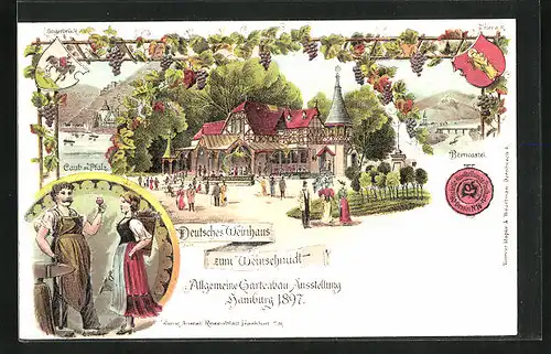 Lithographie Hamburg, Allgemeine Gartenbau-Ausstellung 1897, Deutsches Weinhaus zum Weinschmidt, Caub m. Pfalz