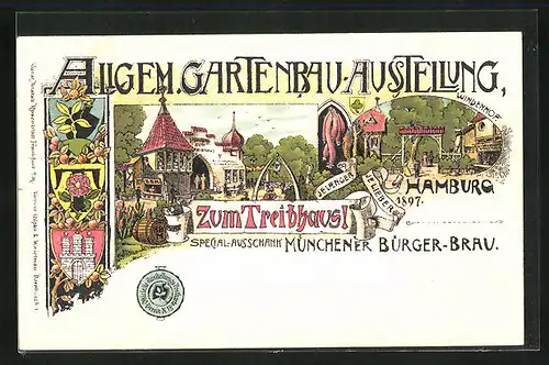 Lithographie Hamburg, Allgem. Gartenbau-Ausstellung 1897, Gasthäuser Zum Treibhausl & Windenhof