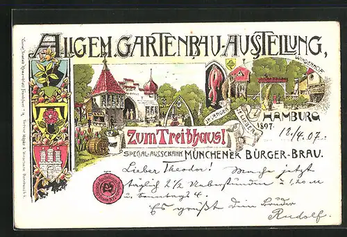 Lithographie Hamburg, Allgem. Gartenbau-Ausstellung 1897, Gasthäuser Zum Treibhausl & Windenhof