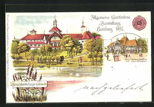 Lithographie Hamburg, Allgemeine Gartenbau-Ausstellung 1897, Haupt-Ausstellungs-Gebäude, Pavillon der Samenhandlung