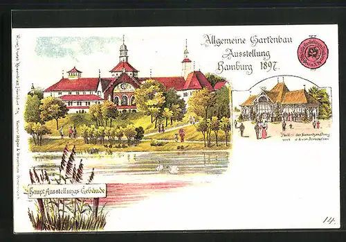 Lithographie Hamburg, Allgemeine Gartenbau-Ausstellung 1897, Haupt-Ausstellungs-Gebäude, Pavillon der Samenhandlung