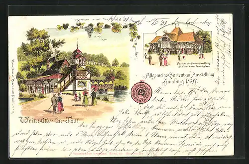 Lithographie Hamburg, Allgemeine Gartenbau-Ausstellung 1897, Weinhütte im Thal, Pavillon der Samenhandlung