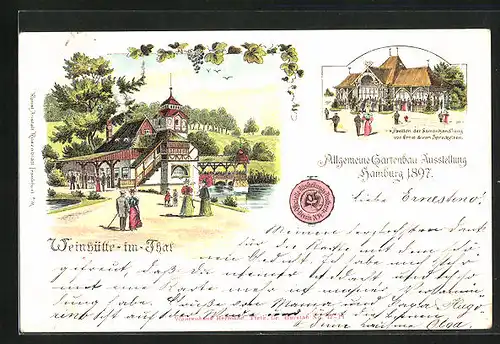 Lithographie Hamburg, Allgemeine Gartenbau-Ausstellung 1897, Weinhütte im Thal, Pavillon der Samenhandlung