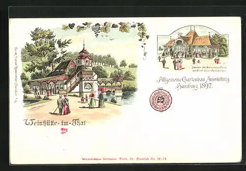 Lithographie Hamburg, Allgemeine Gartenbau-Ausstellung 1897, Weinhütte im Thal, Pavillon der Samenhandlung