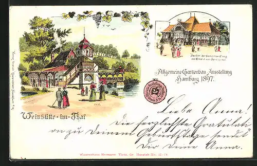 Lithographie Hamburg, Allgemeine Gartenbau-Ausstellung 1897, Weinhütte im Thal, Pavillon der Samenhandlung