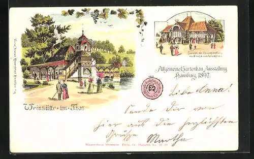 Lithographie Hamburg, Allgemeine Gartenbau-Ausstellung 1897, Weinhütte im Thal, Pavillon der Samenhandlung