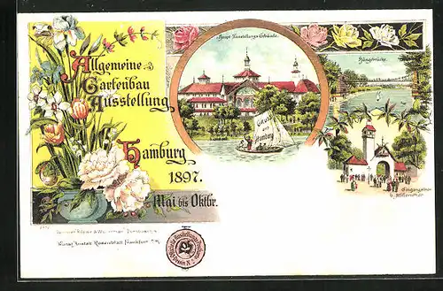 Lithographie Hamburg, Allgemeine Gartenbau Ausstellung 1897, Haupt-Ausstellungs-Gebäude, Hängebrücke