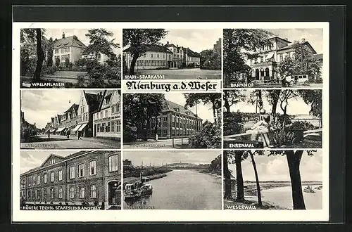 AK Nienburg a. d. Weser, Wallanlage, Bahnhof, Weserbrücke