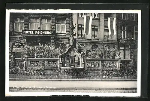 AK Köln, Hotel Reichshof mit Heinzelmännchen-Brunnen