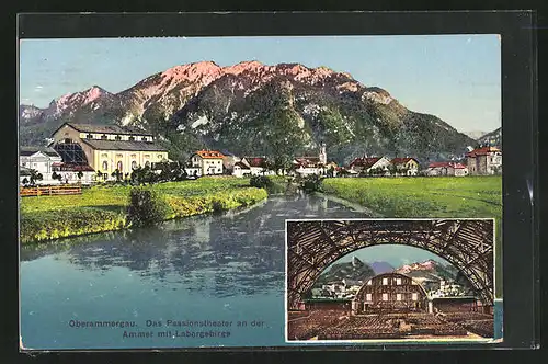 AK Oberammergau, Passionstheater an der Ammer mit Labergebirge