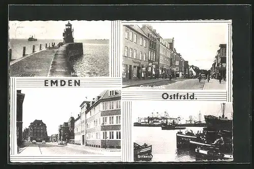 AK Emden /Ostfrsld., Blick auf Mole, grosse Strasse, Neptunhaus