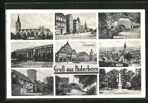 AK Paderborn, Bahnhofstrasse, Alte Mühle, Husarendenkmal