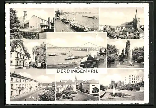 AK Uerdingen a. Rh., Hafen, Kirche, Frachtschiffe, Strassenpartie