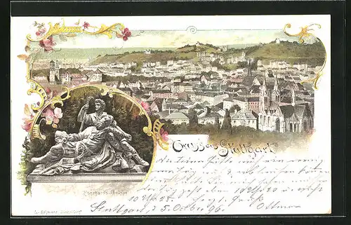 Lithographie Stuttgart, Eberhards-Gruppe, Panorama der Stadt