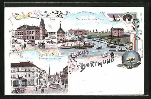 Lithographie Dortmund, Partie vom Hafen, Börse, Strassenbahn und Dampfer