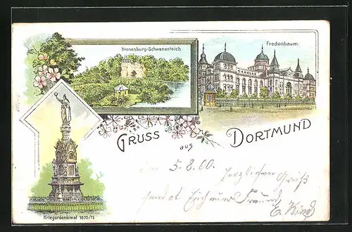 Lithographie Dortmund, Fredenbaum, Kronenburg-Schwanenteich, Kriegerdenkmal 1870 /71