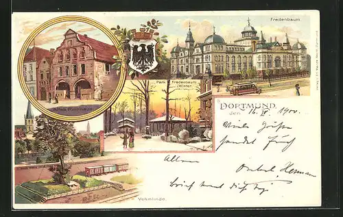Lithographie Dortmund, Fredenbaum, Park Fredenbaum i. Winter, Rathaus