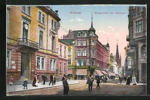 AK Bochum, Bongardstrasse mit Rathaus, Geschäft H. Schneider