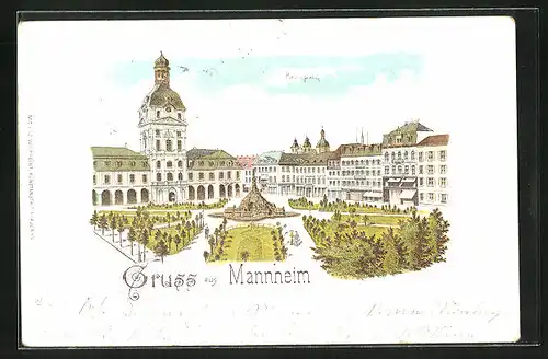 Lithographie Mannheim, Paradeplatz mit Geschäften