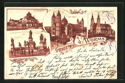 Lithographie Worms, Festspielhaus, Lutherdenkmal, Dom