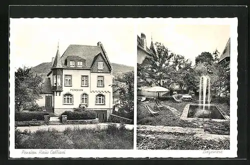 AK Bullay /Mosel, Hotel-Pension Haus Calliari, Liegewiese mit Brunnen
