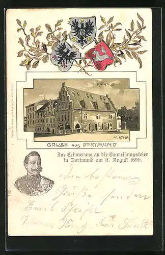 Passepartout-Lithographie Dortmund, Rathaus, Erinnerung Einweihungsfeier 1899, Wappen