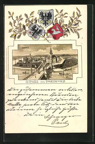 Passepartout-Lithographie Dortmund, Hafen und Wappen