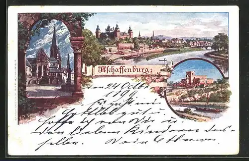 Künstler-AK Aschaffenburg, Teilansicht, Kirche, Uferpartie mit Boot