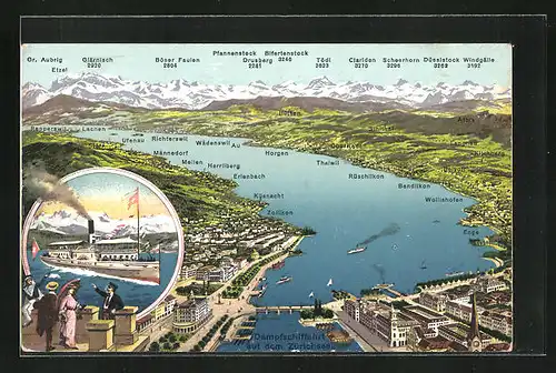 AK Zürichsee, Binnenschiff Helvetia, Umgebung des Sees und Anlegestellen