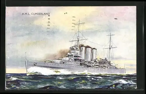 Künstler-AK Kriegsschiff HMS Cumberland bei unruhiger See