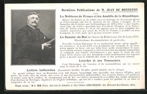 AK Dernières Publications de M. Jean de Bonnefon, La Noblesse de France et les Anoblis de la République...