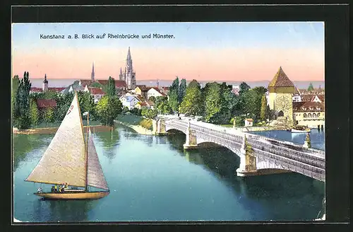 AK Konstanz a. B., Blick auf Rheinbrücke und Münster