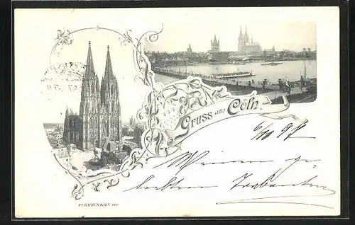 AK Cöln, Kölner Dom, Rheinpartie, Pontonbrücke