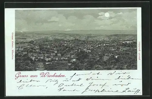 Mondschein-AK Wiesbaden, Nächtliche Totalansicht