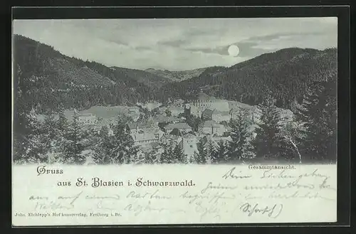 Mondschein-AK St. Blasien, Teilansicht der Gemeinde mit Dom