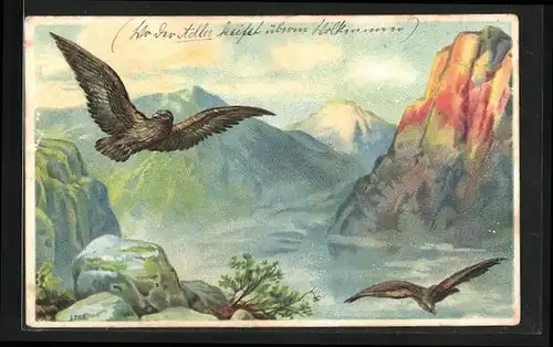 Lithographie Adler im Gebirge