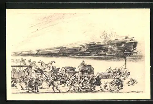 Künstler-AK Eisenbahn in voller Fahrt, Eine Vision - nach einer Original-Zeichnung von Julius C. Turner