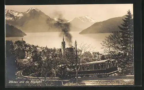 AK Vitznau, Rigibahn mit Blick auf Ort, Bergbahn