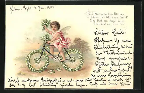 Lithographie Fee fährt ein Blumenfahrrad
