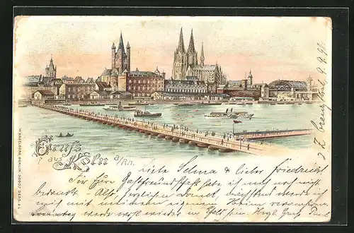 Lithographie Köln, Pontonbrücke, Dom, Halt gegen das Licht