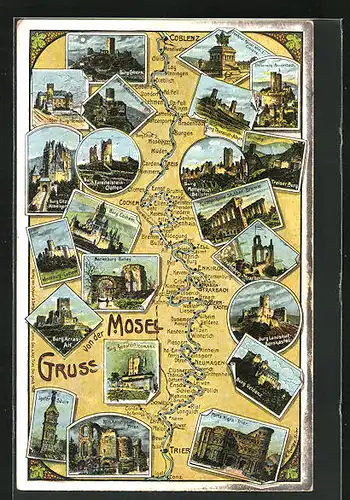 AK Trier, Karte des Flusses mit Burgen