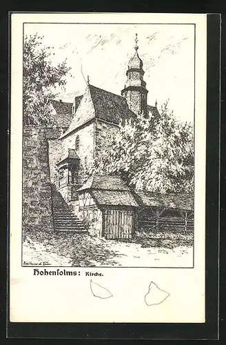 Künstler-AK Hohensolms, Federzeichnung der Kirche mit Ställen